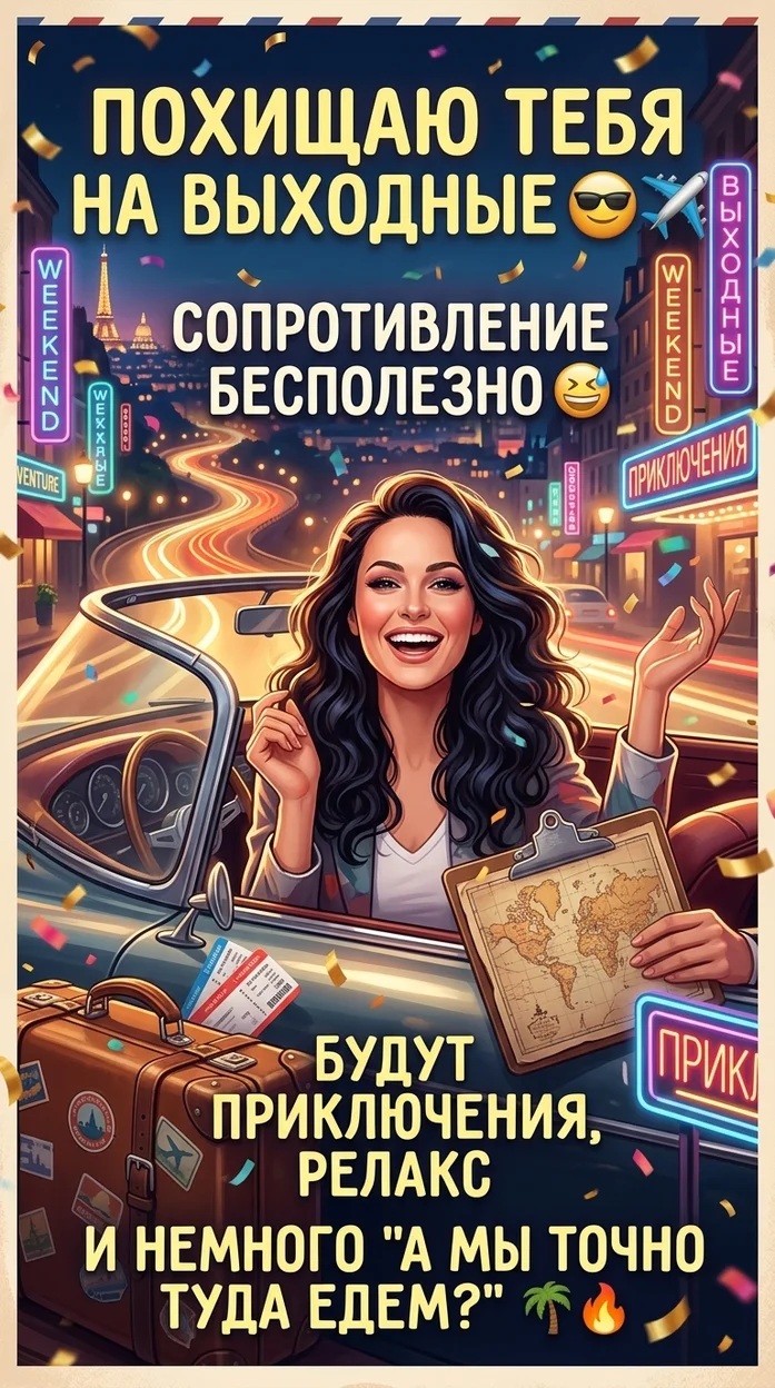 Открытка  "Похищаю тебя на выходные" 
