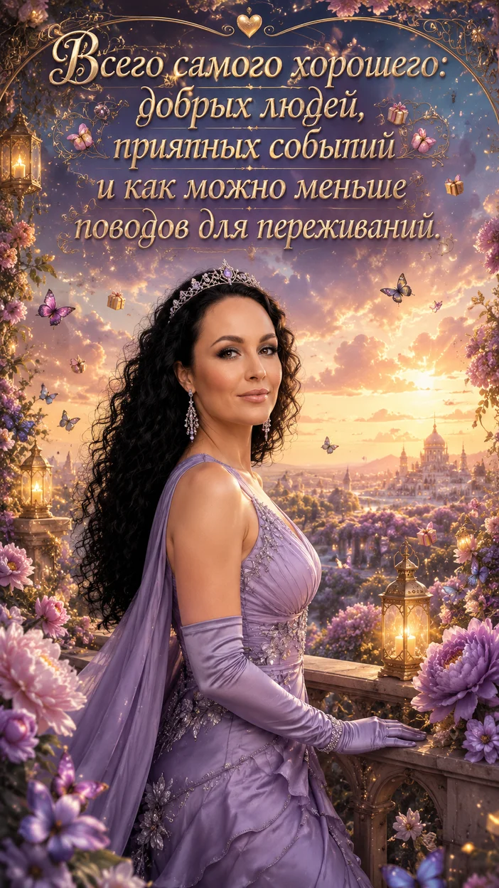 Фотооткрытка для неё с текстом "Всего самого хорошего: добрых людей, приятных событий и как можно меньше поводов для переживаний."