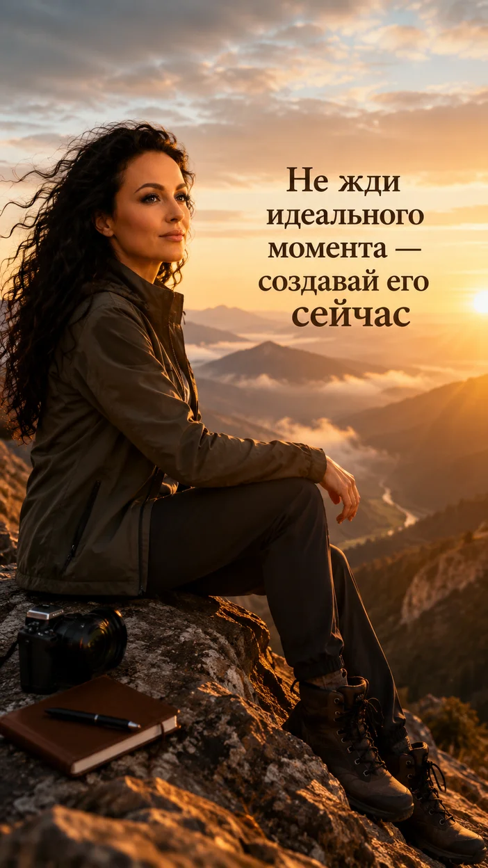 Фотосессия женщины на вершине скалы на рассвете — текст «Не жди идеального момента — создавай его сейчас»