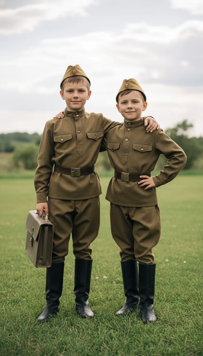 Двое детей в военной форме на траве стоят обнявшись