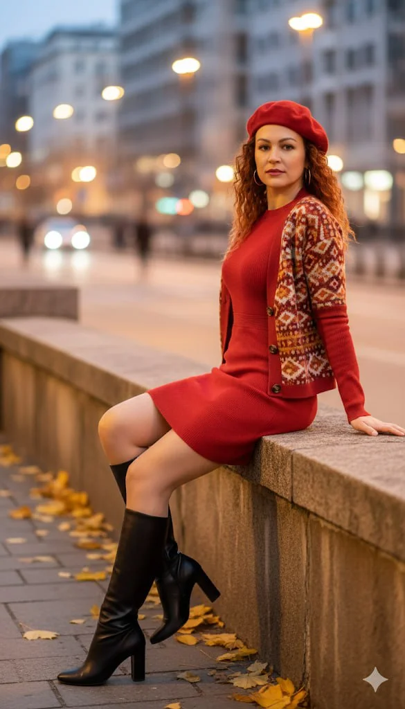 Яркий акцент: красное платье и берет