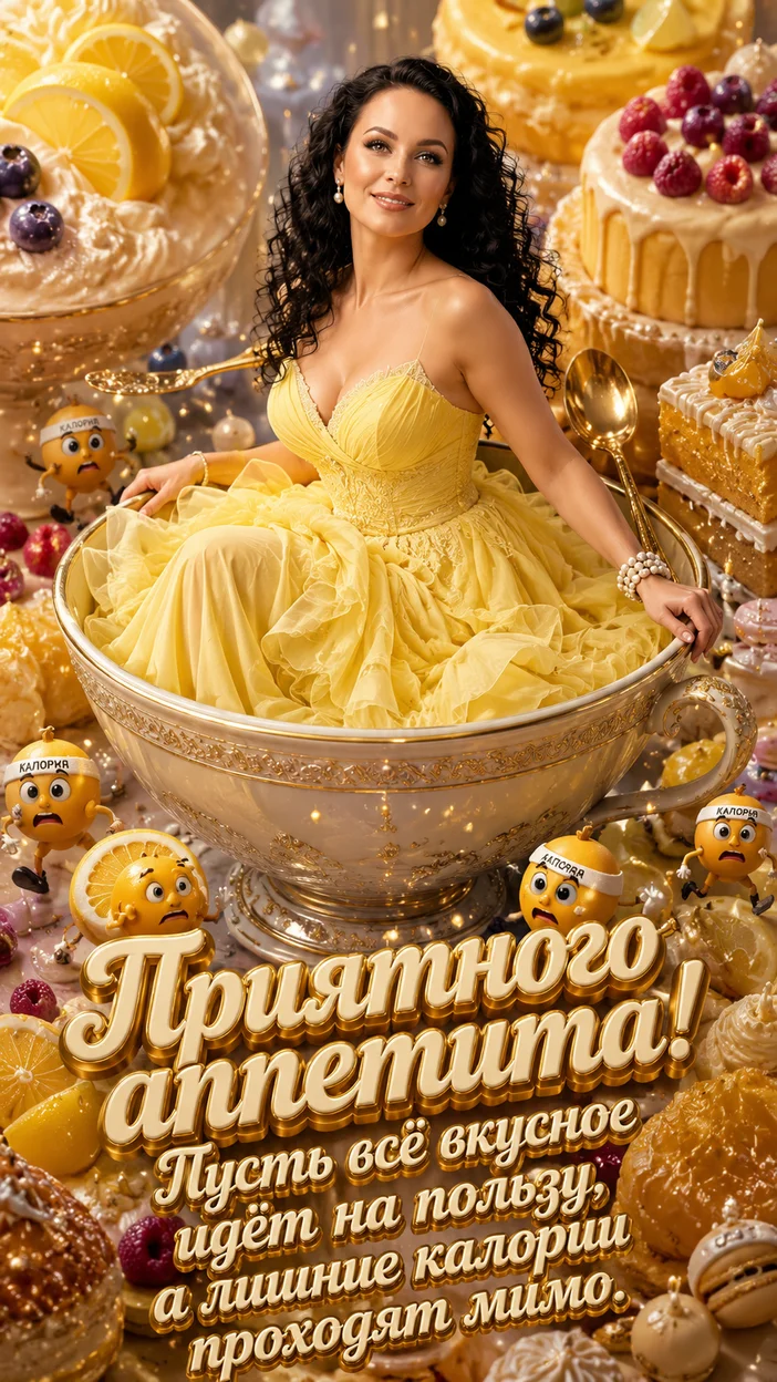 Фотооткрытка для неё с пожеланием "Приятного аппетита! Пусть всё вкусное идёт на пользу, а лишние калории проходят мимо."