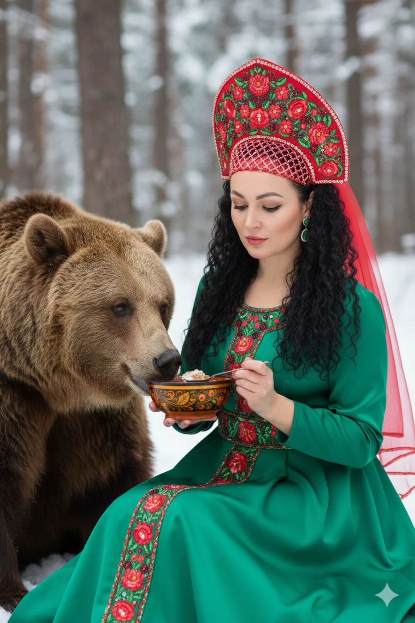 Девушка в красном кокошнике и зелёном сарафане кормит медведя из чаши