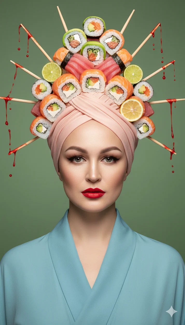 Девушка в голубом кимоно с суши-композицией на голове