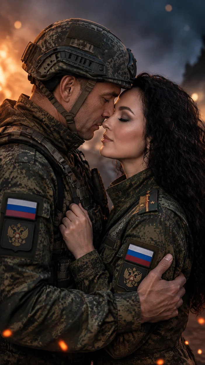Фотосессия вечерний кинопортрет пара в русской военной форме почти лбом соприкасаются — драматичное боке и искры света