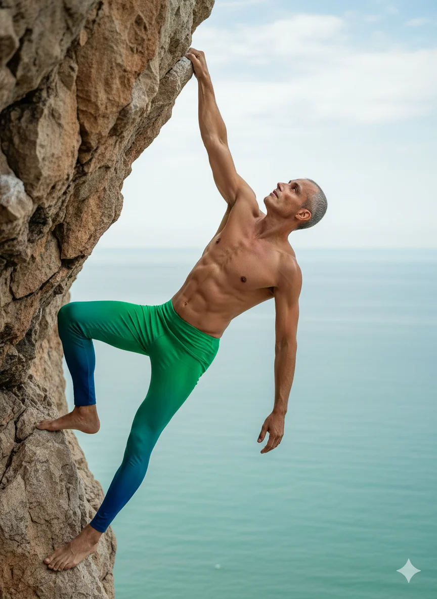 Мужчина висит на скале над морем в обтягивающих легинсах