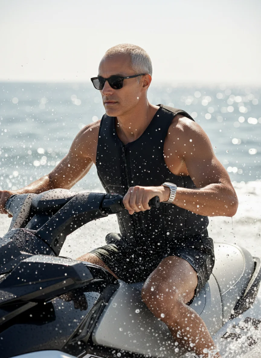 Мужчина на гидроцикле в чёрном жилете и шортах