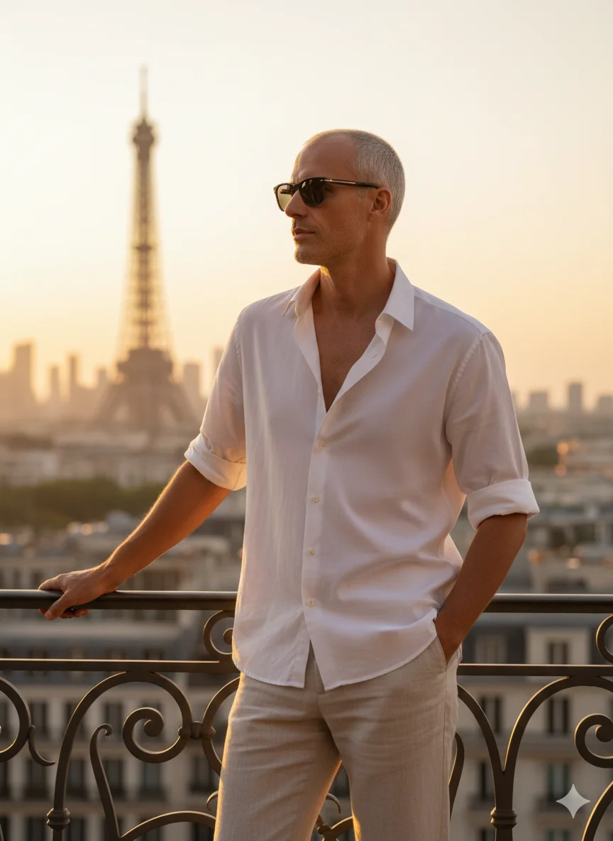 Мужчина в белой рубашке на балконе с видом на башню