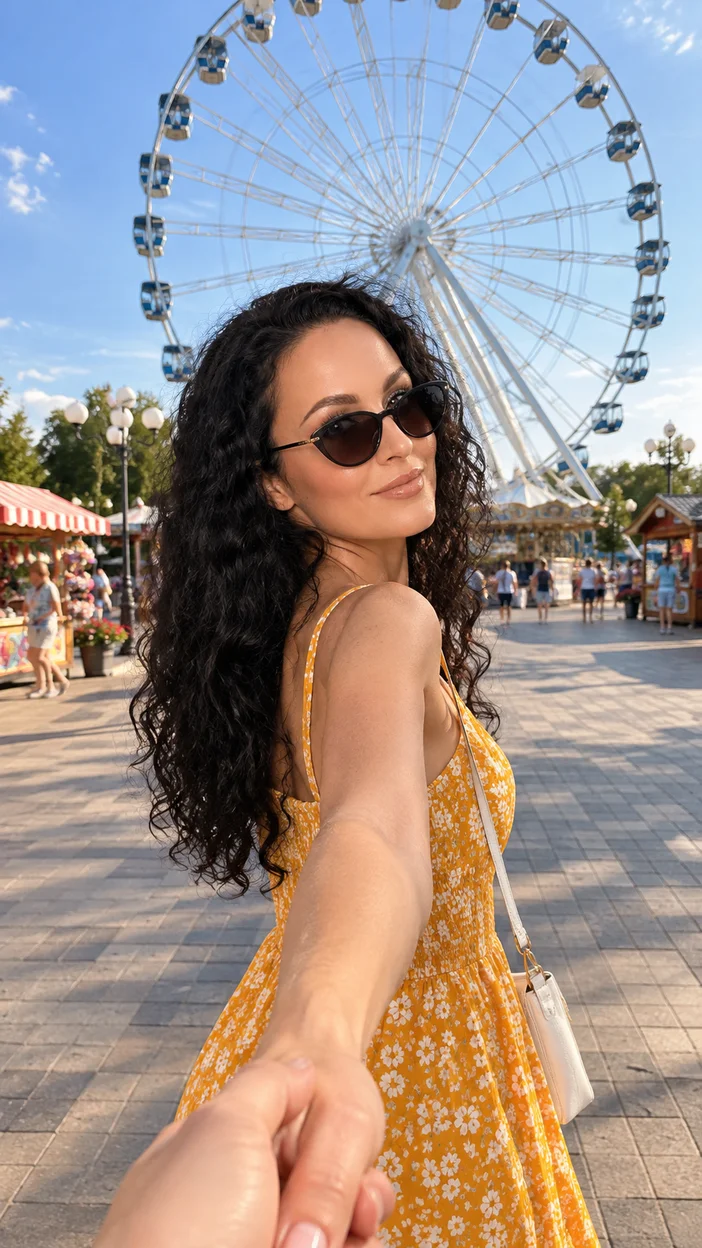 Фотосессия девушка ведёт за руку к колесу обозрения — follow‑me, лёгкое летнее платье или сарафан, рука к камере