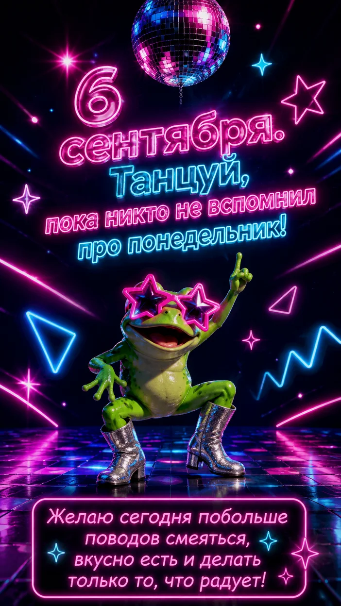 Фотосессия неоновой диско-лягушки на открытку 6 сентября