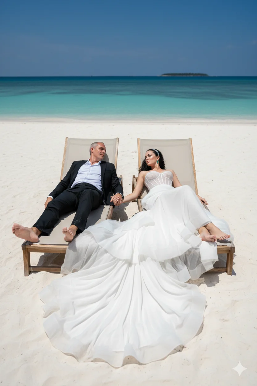 пара отдыхает на белоснежном пляже у бирюзового океана