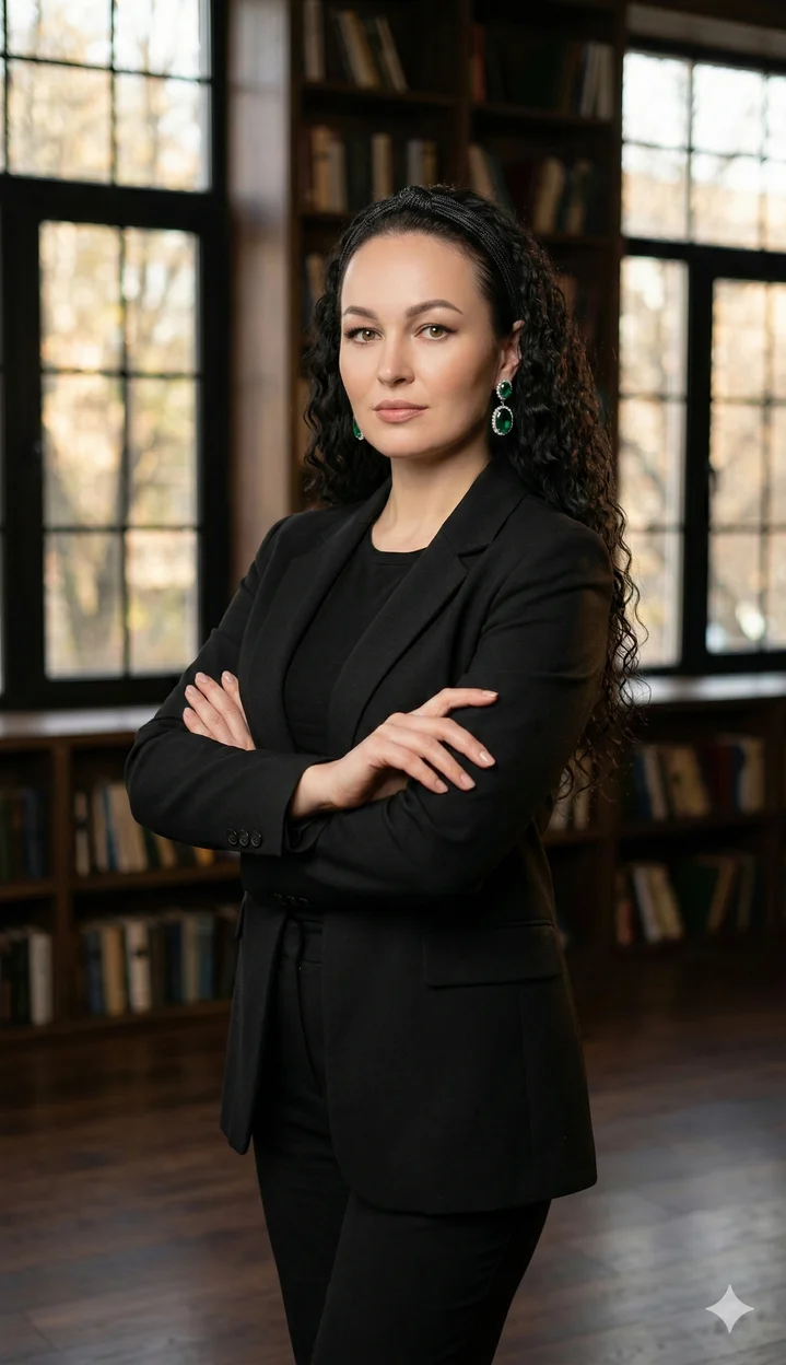 Женщина в чёрном костюме в библиотеке