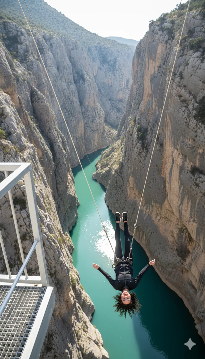 Человек на тарзанке над каньоном с бирюзовой рекой в прыжке