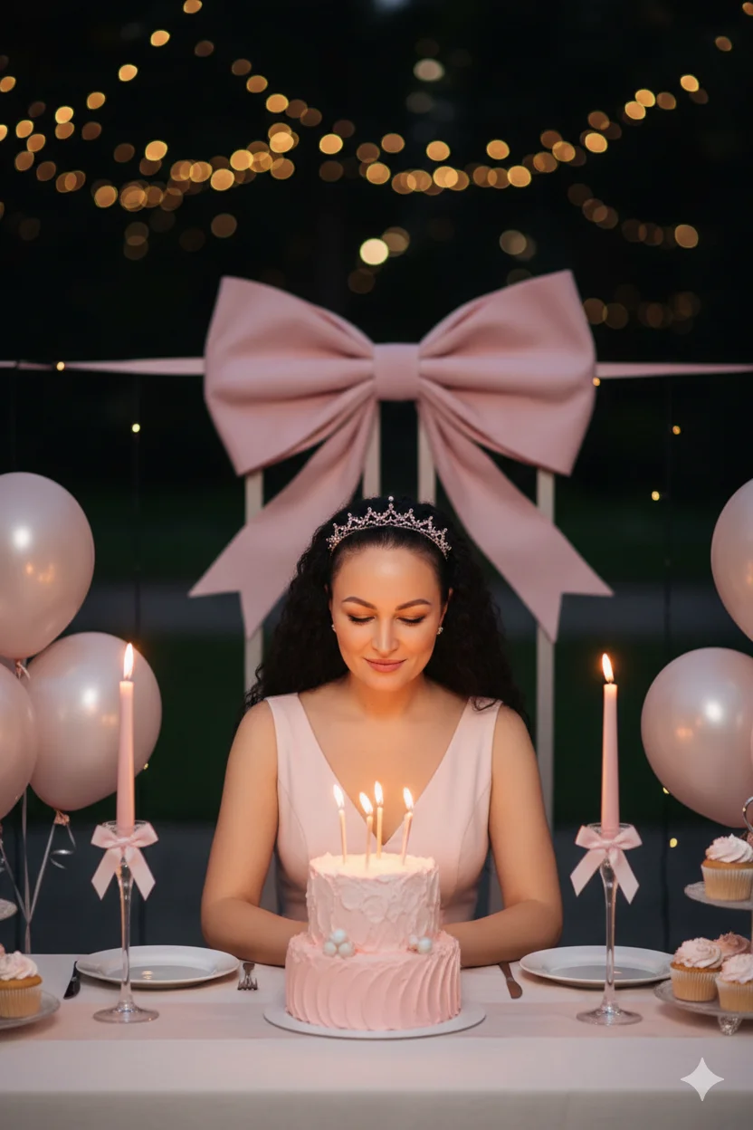 Девушка за праздничным столом с тортом и свечами на улице вечером