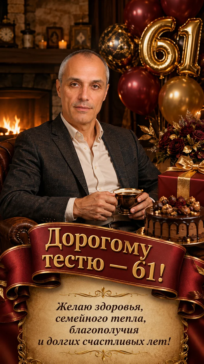Фотооткрытка для тестя с поздравлением "Дорогому тестю — 61!"