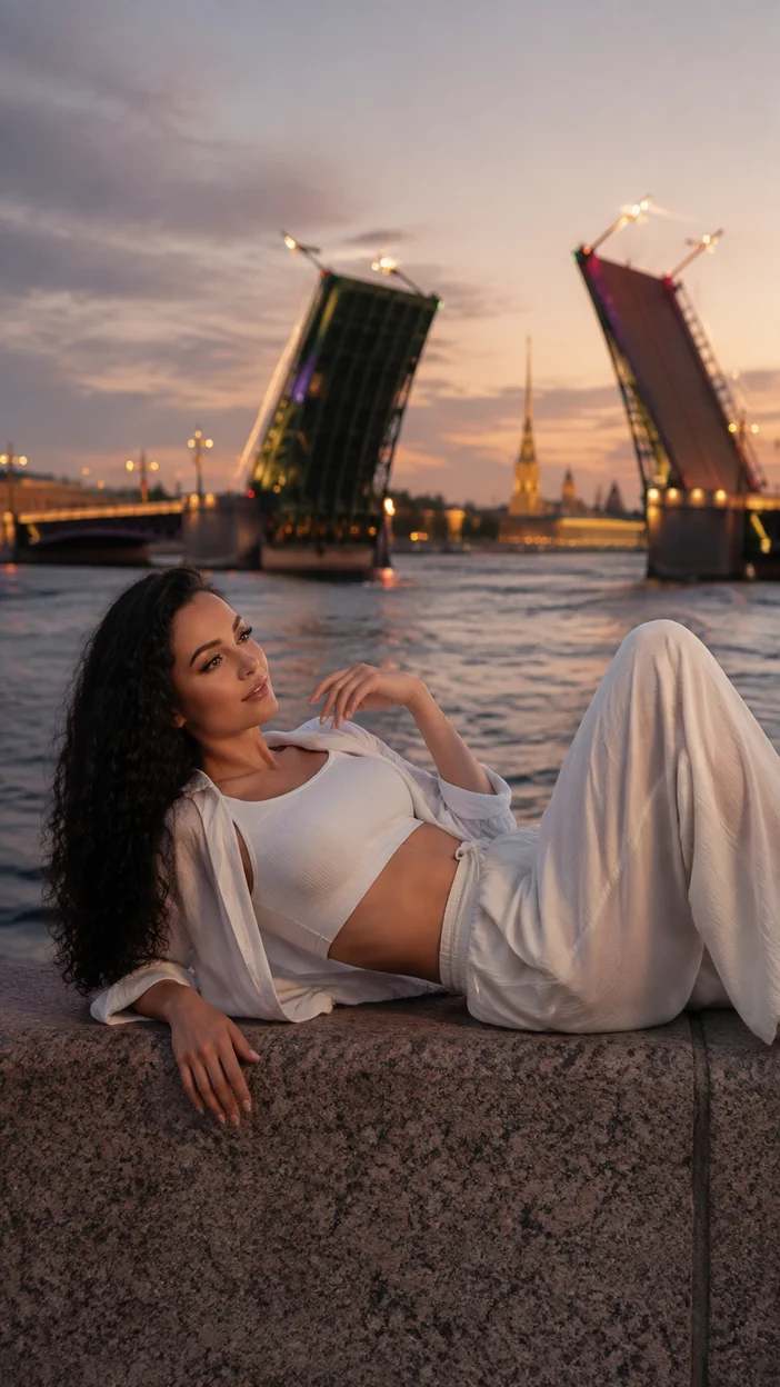 Фотосессия девушки в светлом образе у разведенного моста