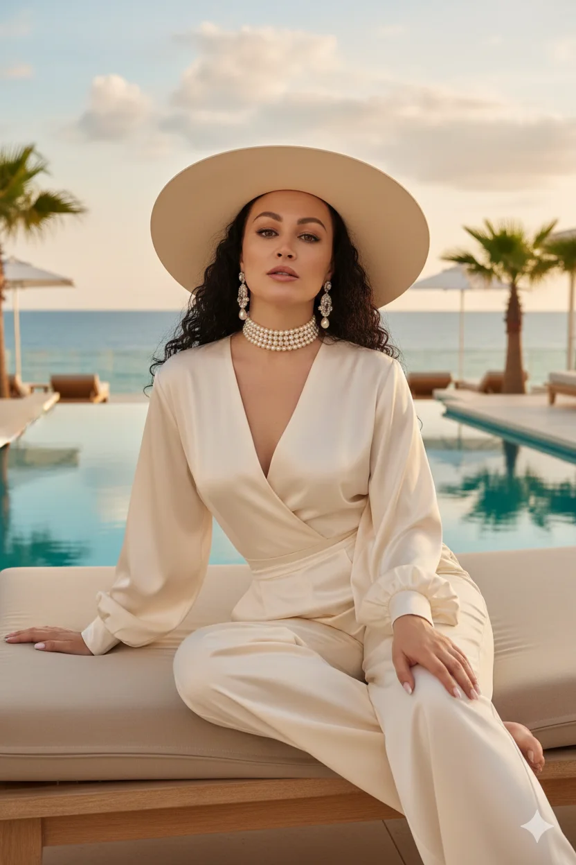 Женщина у бассейна на террасе у моря