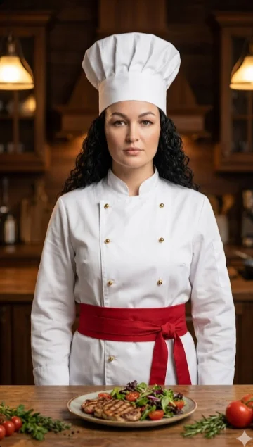 Шеф-повар в белом кителе и колпаке за столом с блюдом 