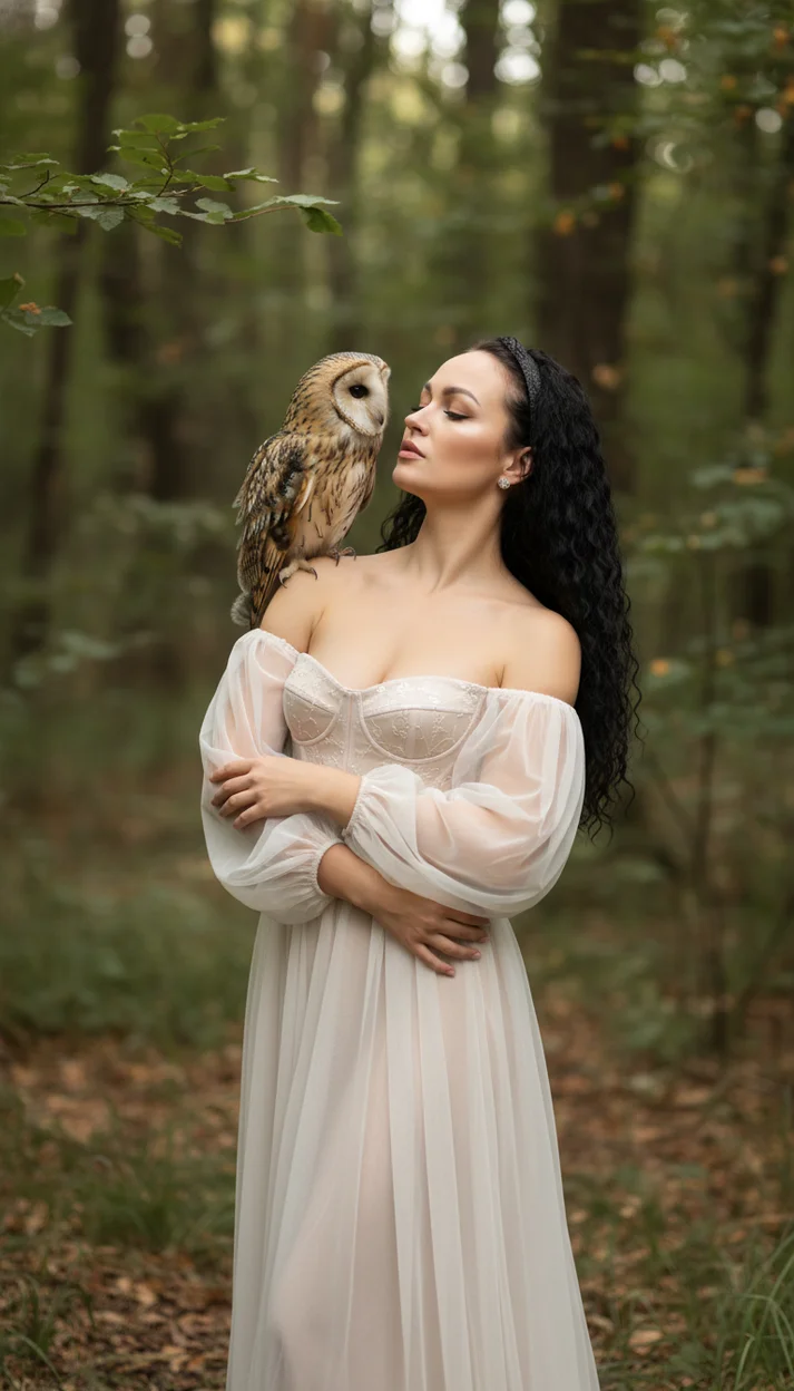 Женщина в светлом воздушном платье стоит в лесу с совой на плече
