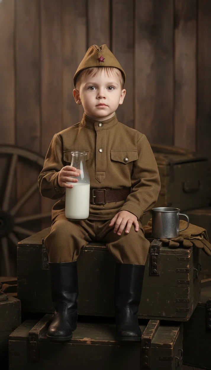  Ребёнок в военной форме на ящиках держит бутылку молока