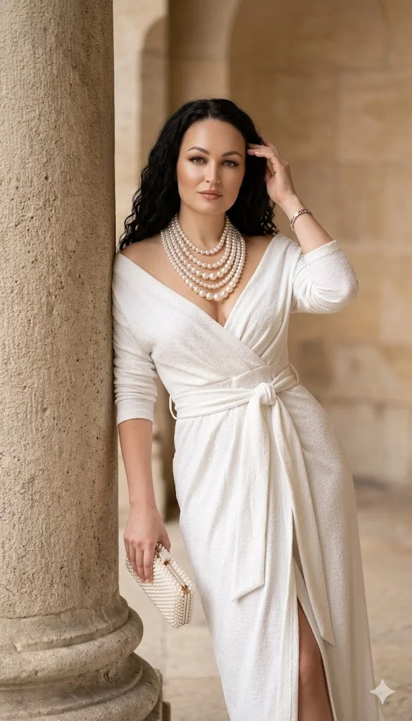 Женщина в белом фактурном платье с поясом