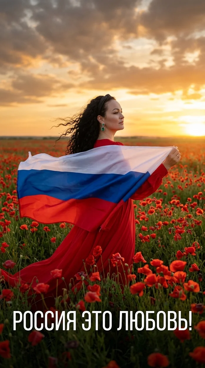 сцена в поле красных маков   с флагом России 