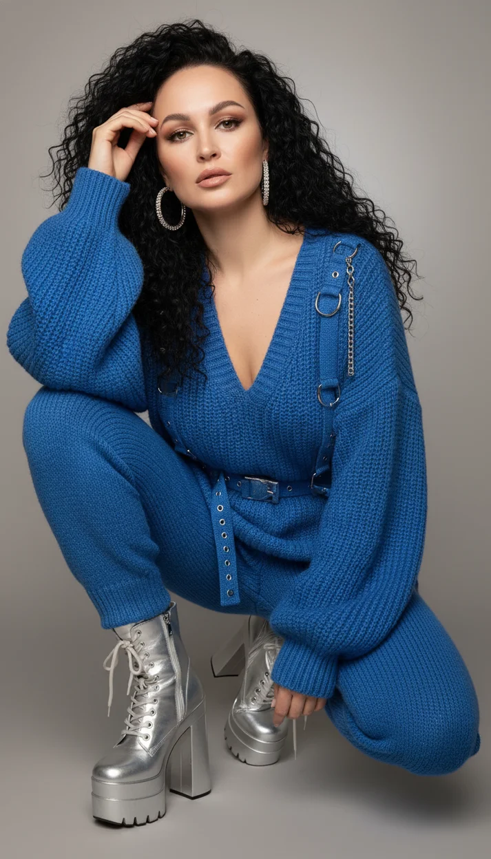 Женщина в ярком синем модном костюме с металлическими ремнями