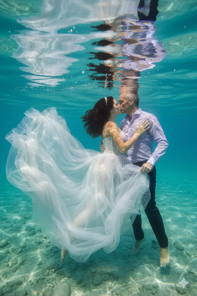 пара под водой в прозрачной бирюзовой лагуне