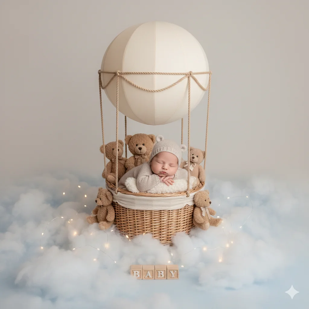 Малыш в корзине воздушного шара спит среди облаков и мишек