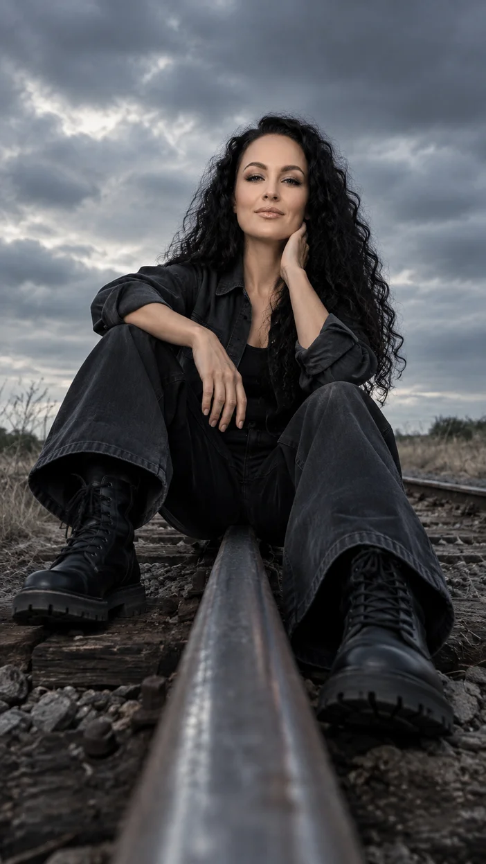 Фотосессия девушка в тёмной рубашке и широких брюках, сидящая на рельсе в пасмурный день