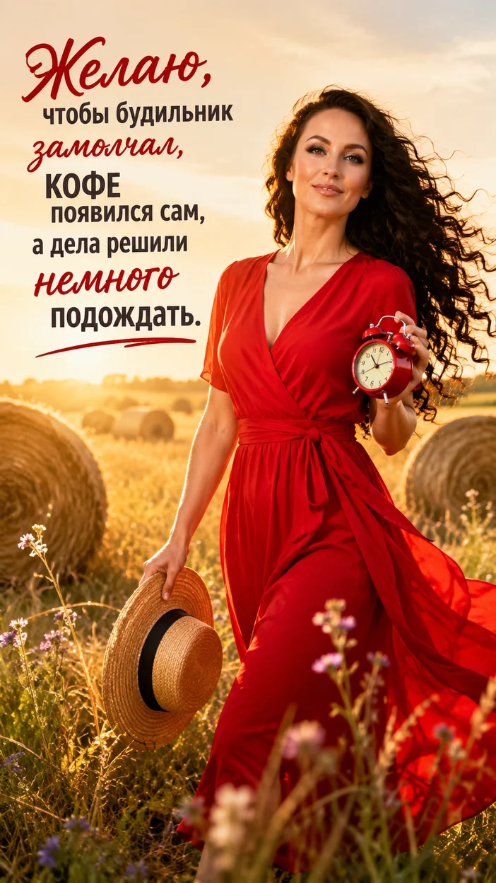 Фотооткрытка для всех с текстом "Желаю, чтобы будильник замолчал, кофе появился сам, а дела решили немного подождать."