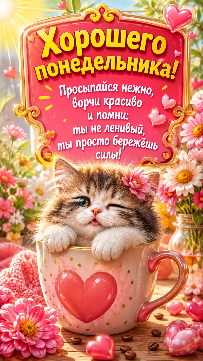 Фотооткрытка «Хорошего понедельника! Просыпайся нежно, ворчи красиво и помни: ты не ленивый, ты просто бережёшь силы!»