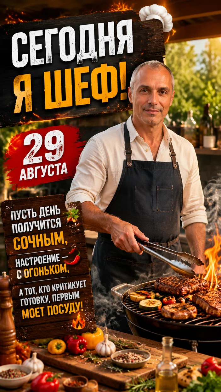 Фотосессия мужчины в тёмном фартуке у летней кухни