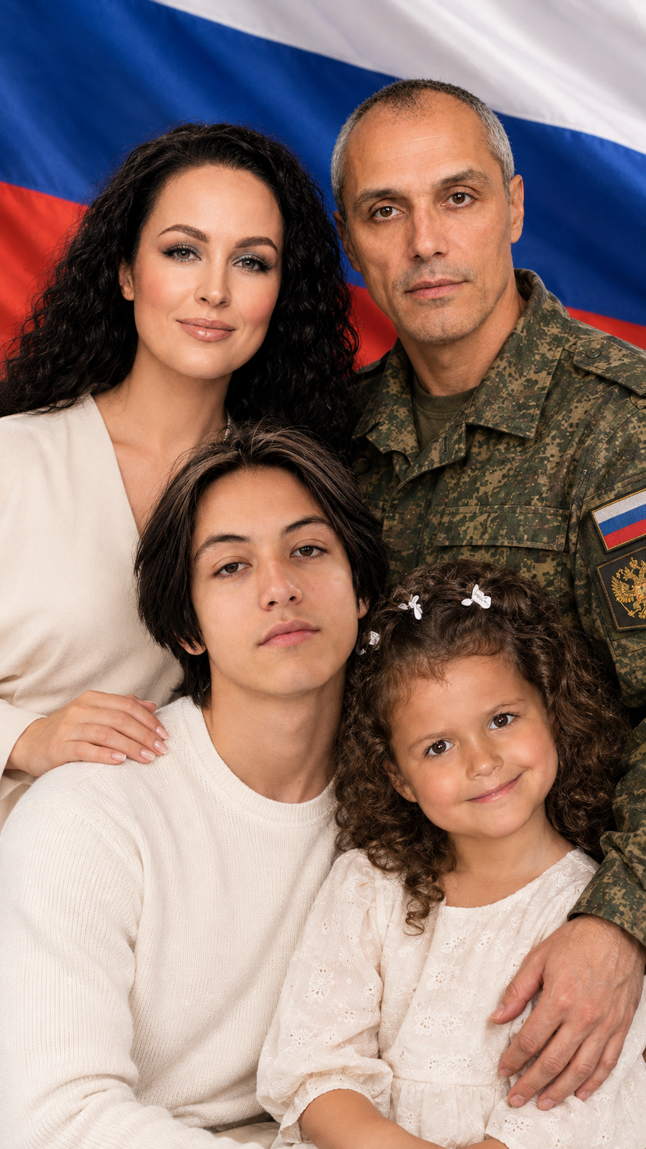Фотосессия студийный семейный портрет с участником в современной российской военной форме и триколором
