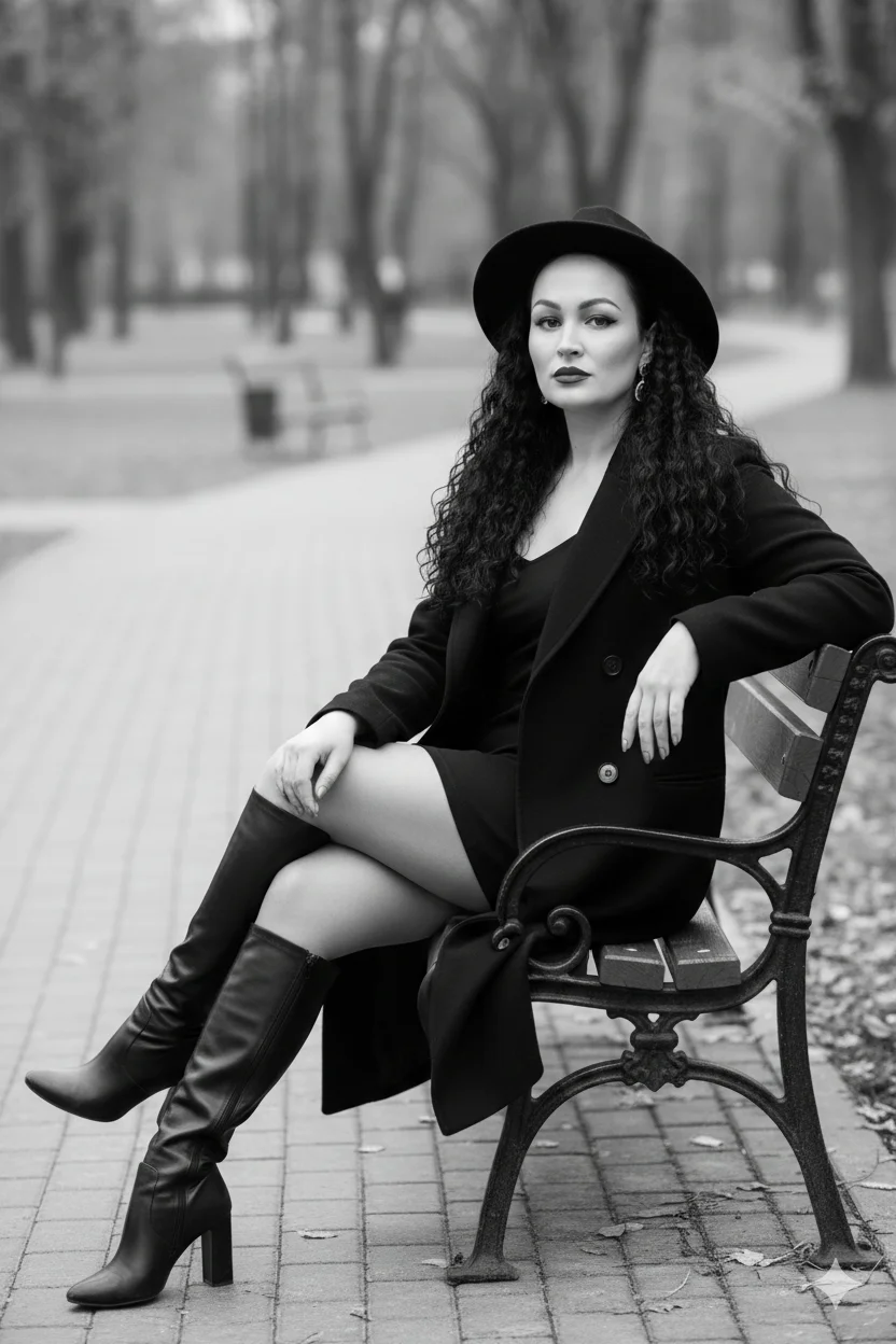 Женщина в парке на скамье в чёрном пальто и шляпе 