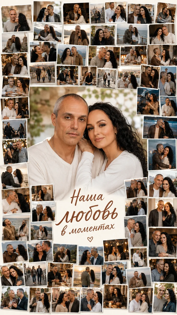 Фотооткрытка для влюблённых с текстом "Наша любовь в моментах"