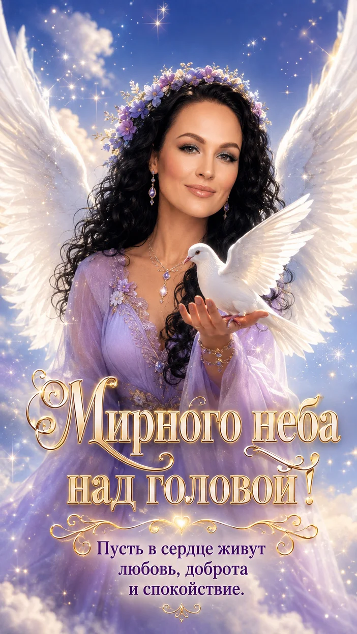 Фотооткрытка для неё с пожеланием "Мирного неба над головой!"