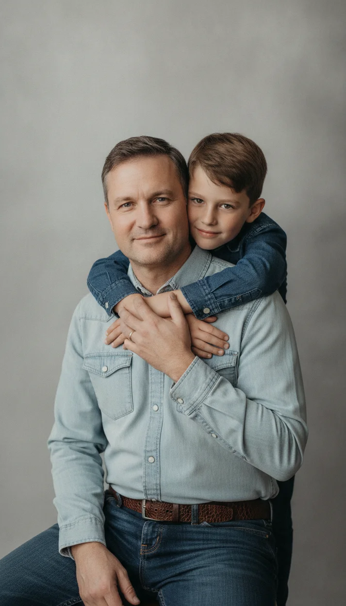 Студийная фотосессия папы с сыном в джинсовых образах