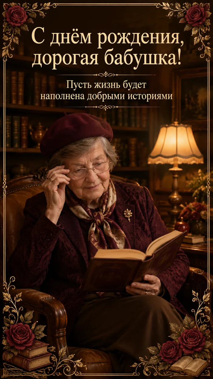 Фотосессия бабушки у книжного шкафа- Открытка на день рождения  