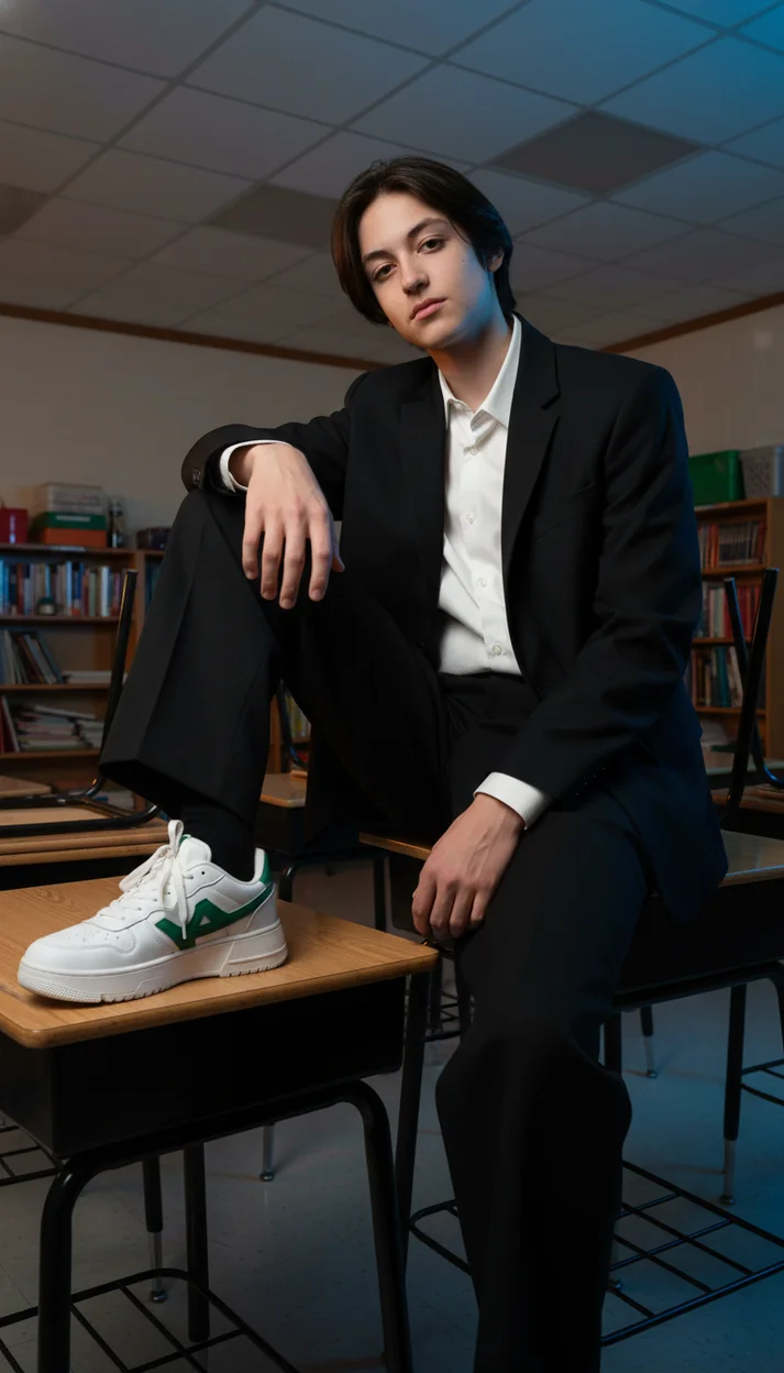  Парень сидит на перевёрнутых партах в классе в пиджаке