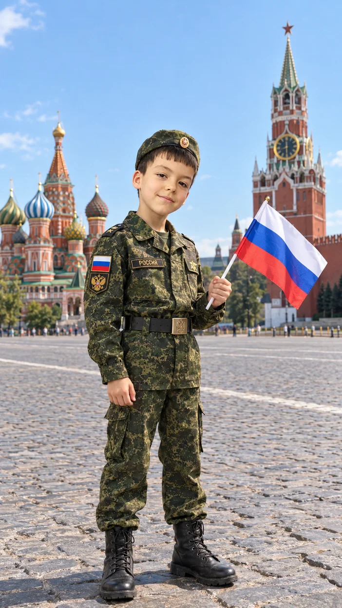 Фотосессия полный рост ребёнка на Красной площади в русской детской форме с развевающимся флагом России и видимыми Василием Блаженным и Спасской башней