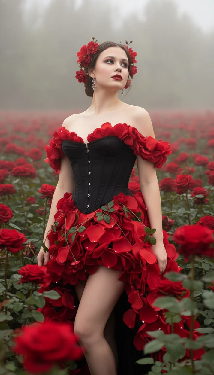 Девушка в поле роз в красном платье с корсетом полуоборот взгляд вверх мягкий свет
