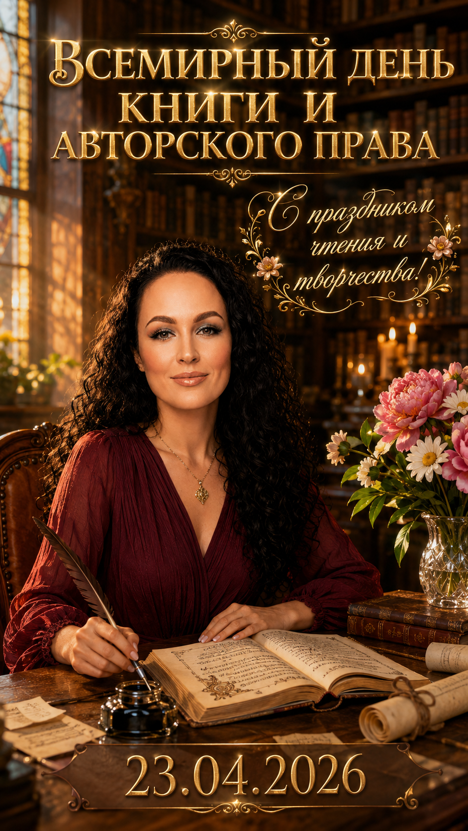 Всемирный день книги и авторского права — 23.04.2026 — тёплая библиотечная открытка