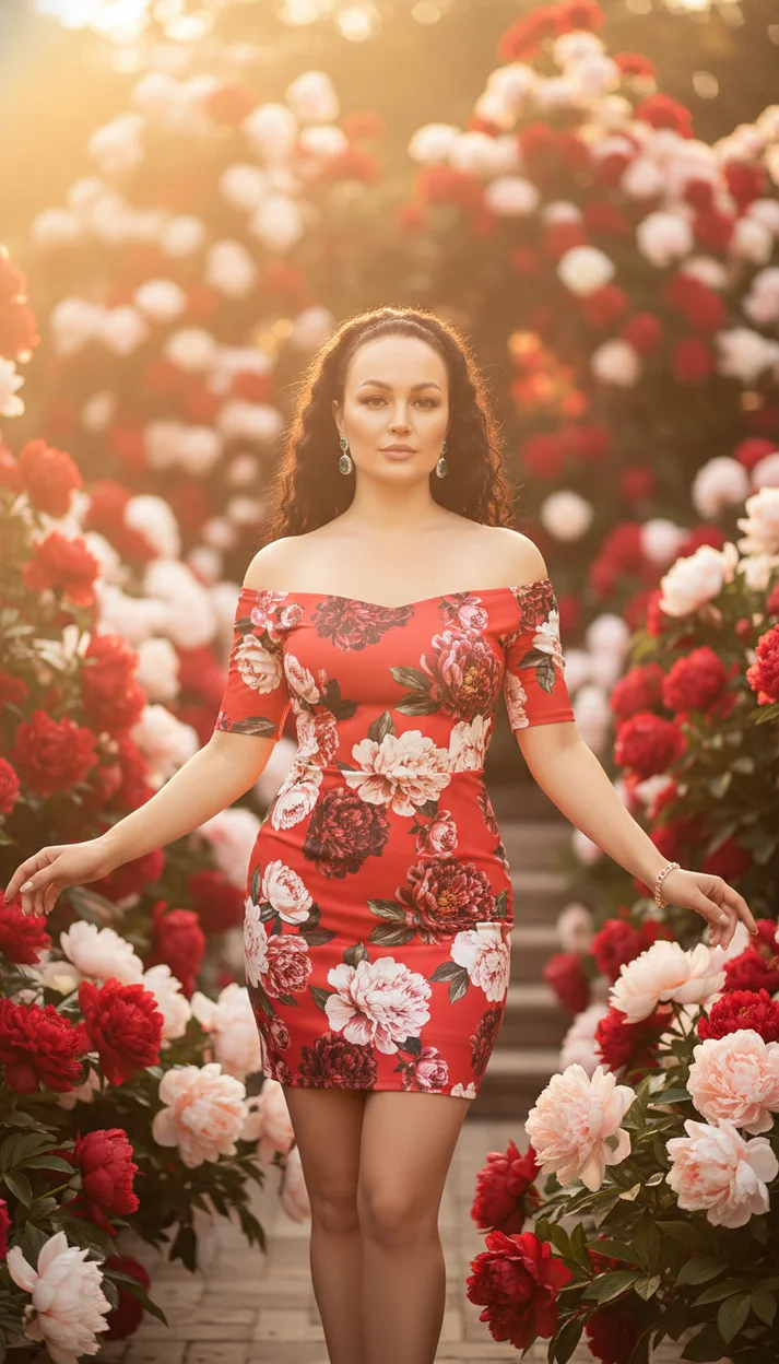   Цветочный летний портрет в красном платье