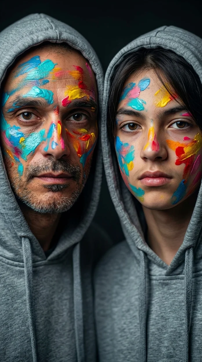 художественный double portrait в стиле cinematic color отец с сыном 