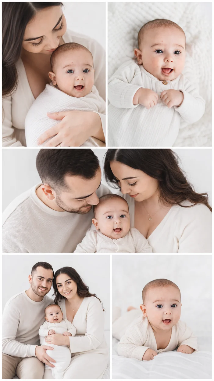 Фотосессия коллаж семейных кадров в светлом стиле
