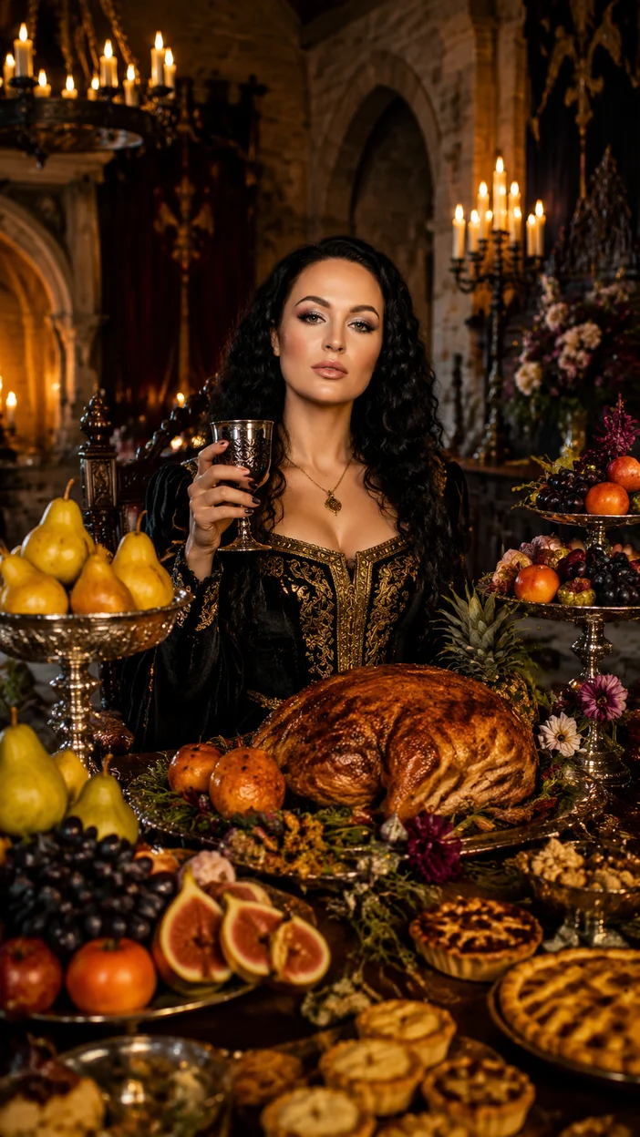  **Королевский пир с фруктами и дичью в старинном замке**