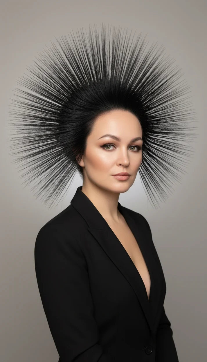 Замена прически -  Авангардная радиальная укладка с экстремальным объемом и эффектом ореола 