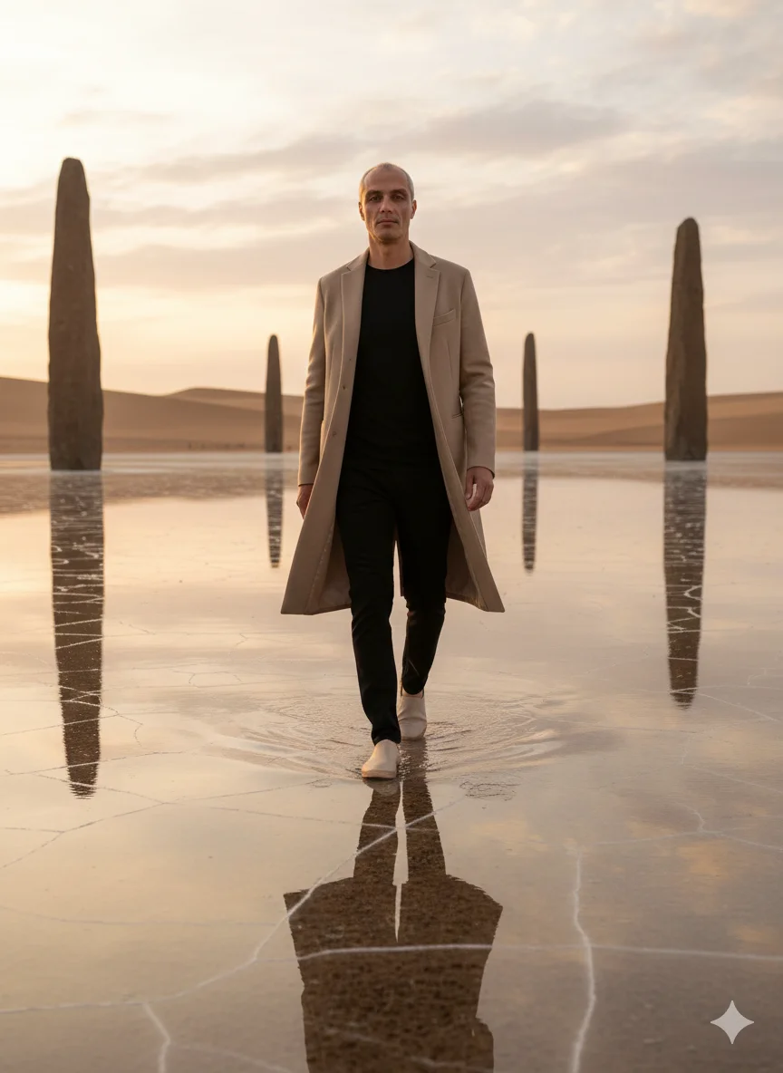 Мужчина в бежевом пальто идёт по зеркальной воде среди каменных монолитов