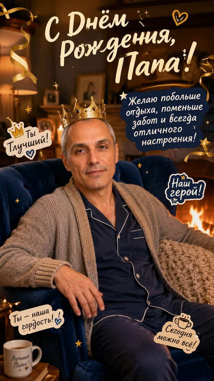 Фотосессия папа в кресле с короной — домашняя уютная открытка